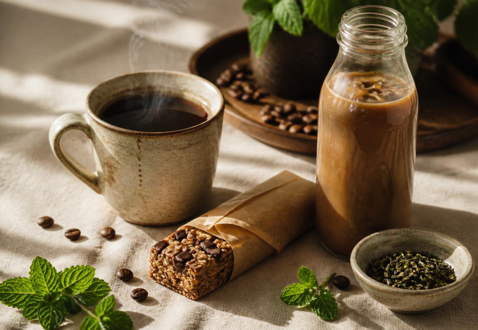 Coffee, protein bar and iced protein shake arranged in warm morning light